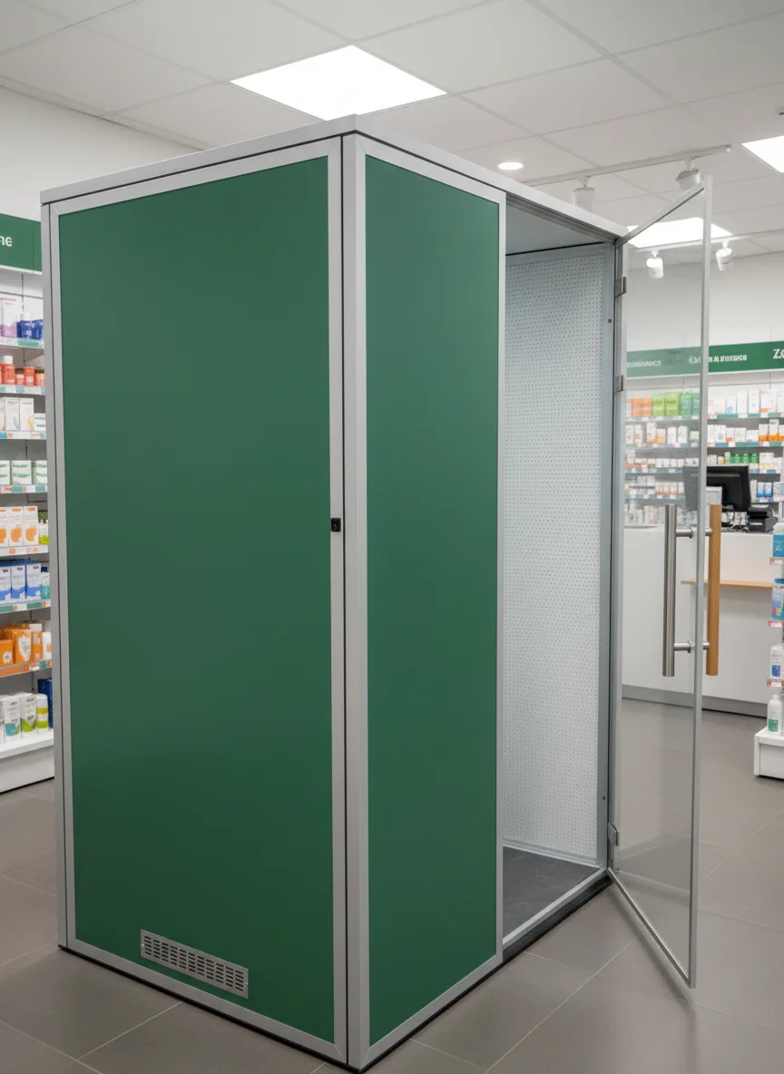 Cabine verte avec porte en verre