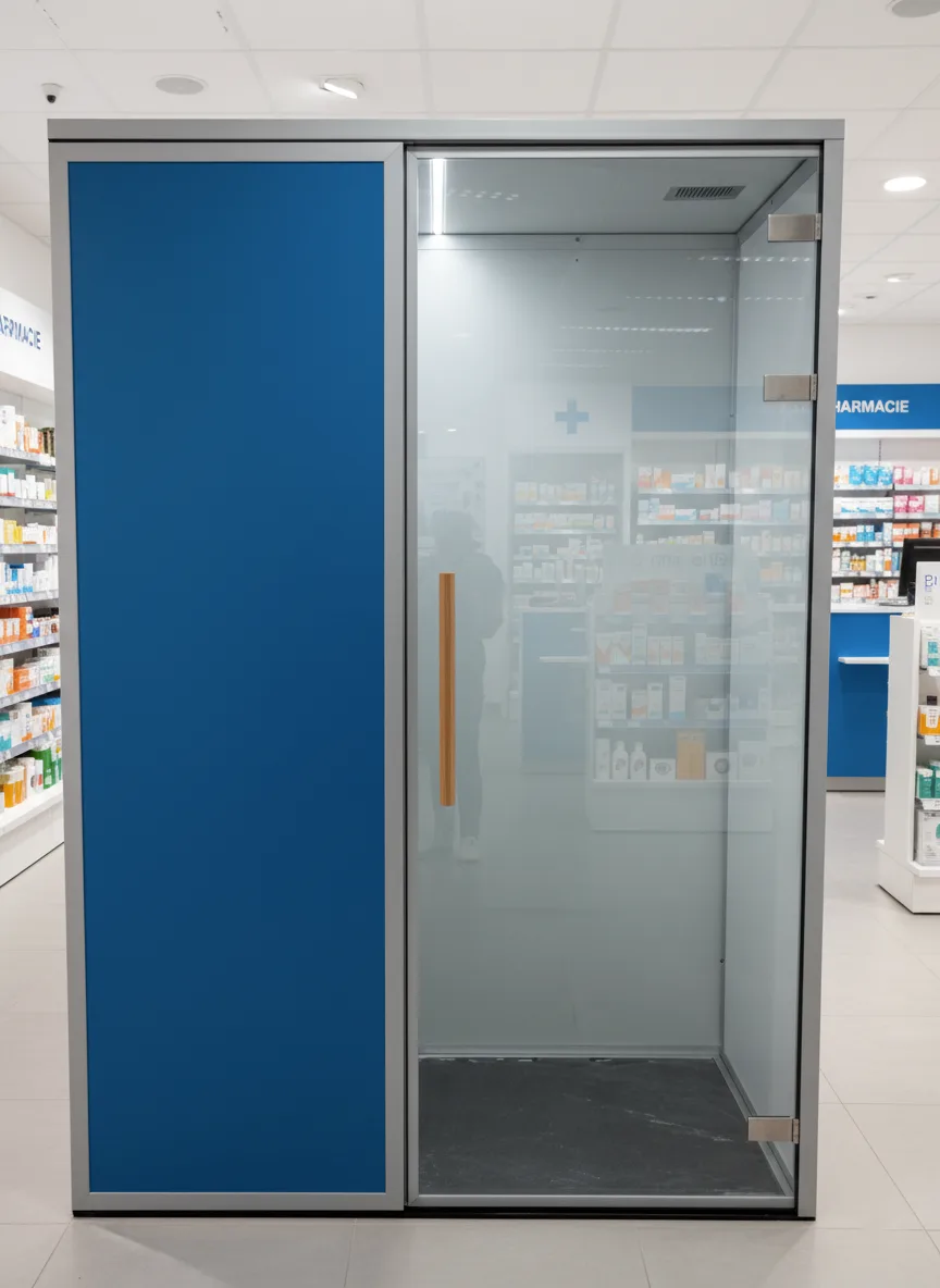 Cabine bleu roi avec porte vitrée