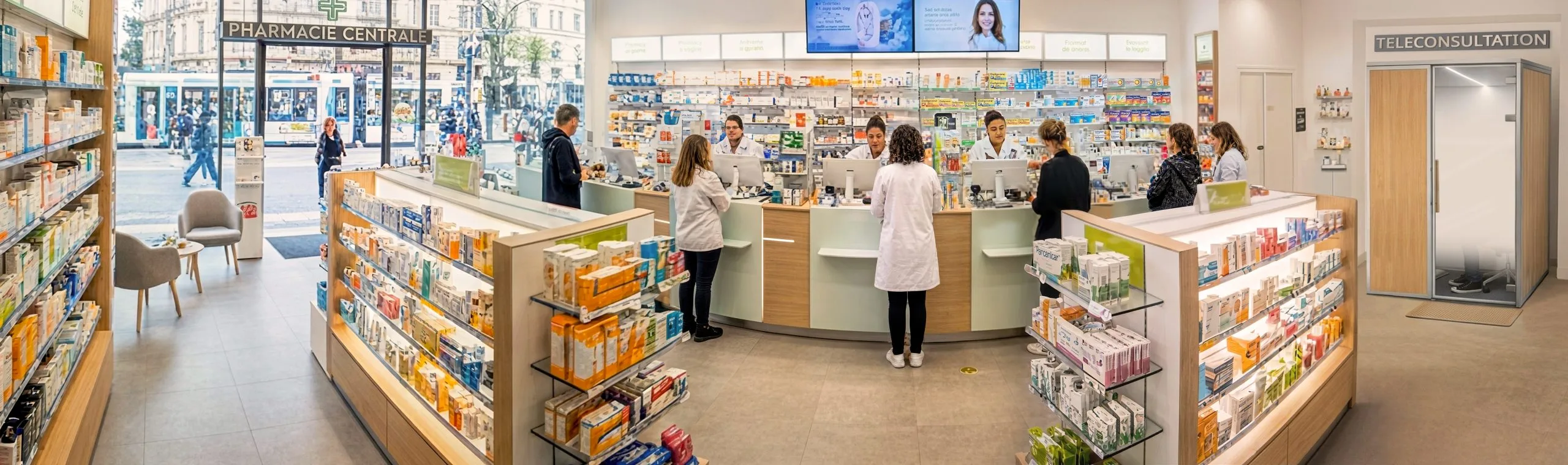 cabine en pharmacie, vue panoramique